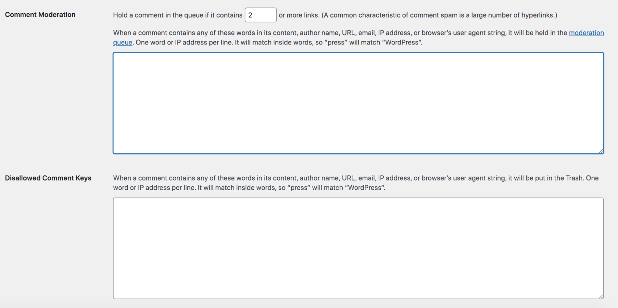 comment moderation options in WordPress