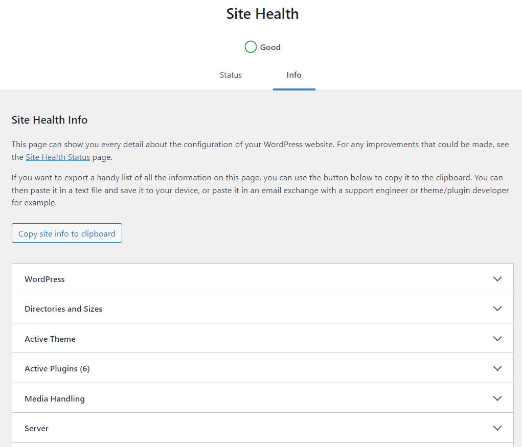 info in the site health tab
