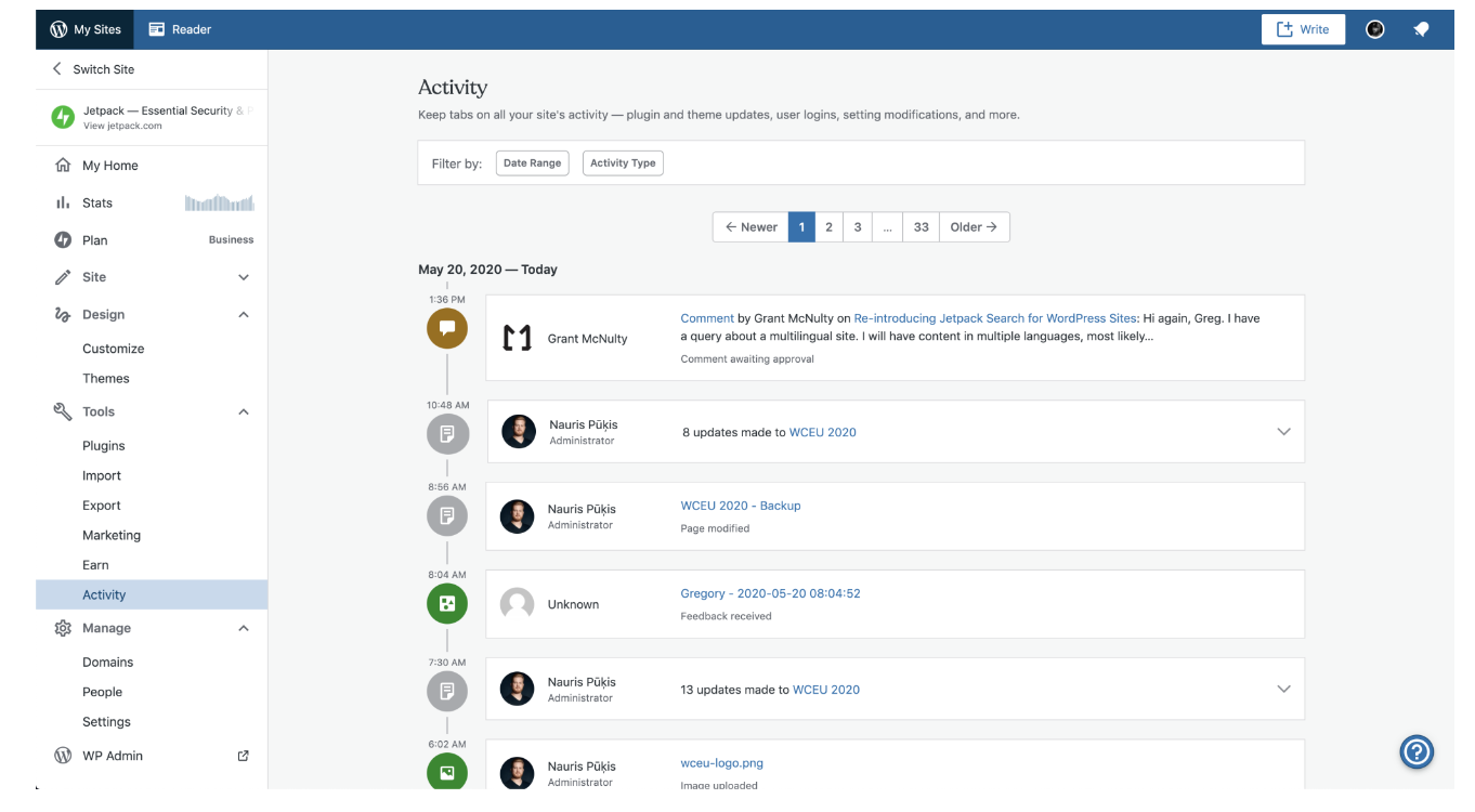 activity log showing all the actions on a site