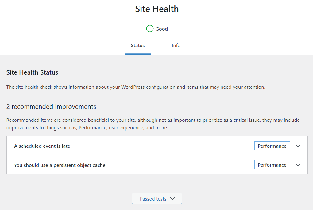 Site Health status, with recommendations for improvement 