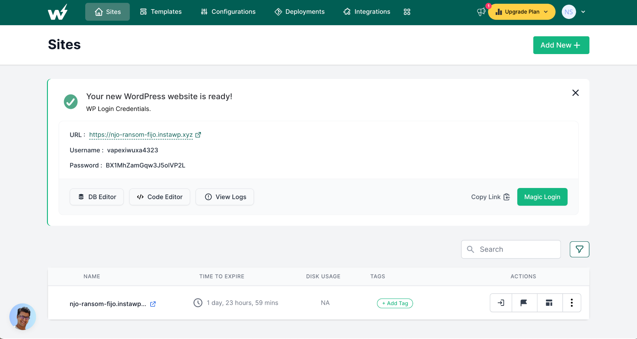 Click the Magic Login button to login to your new WordPress site.