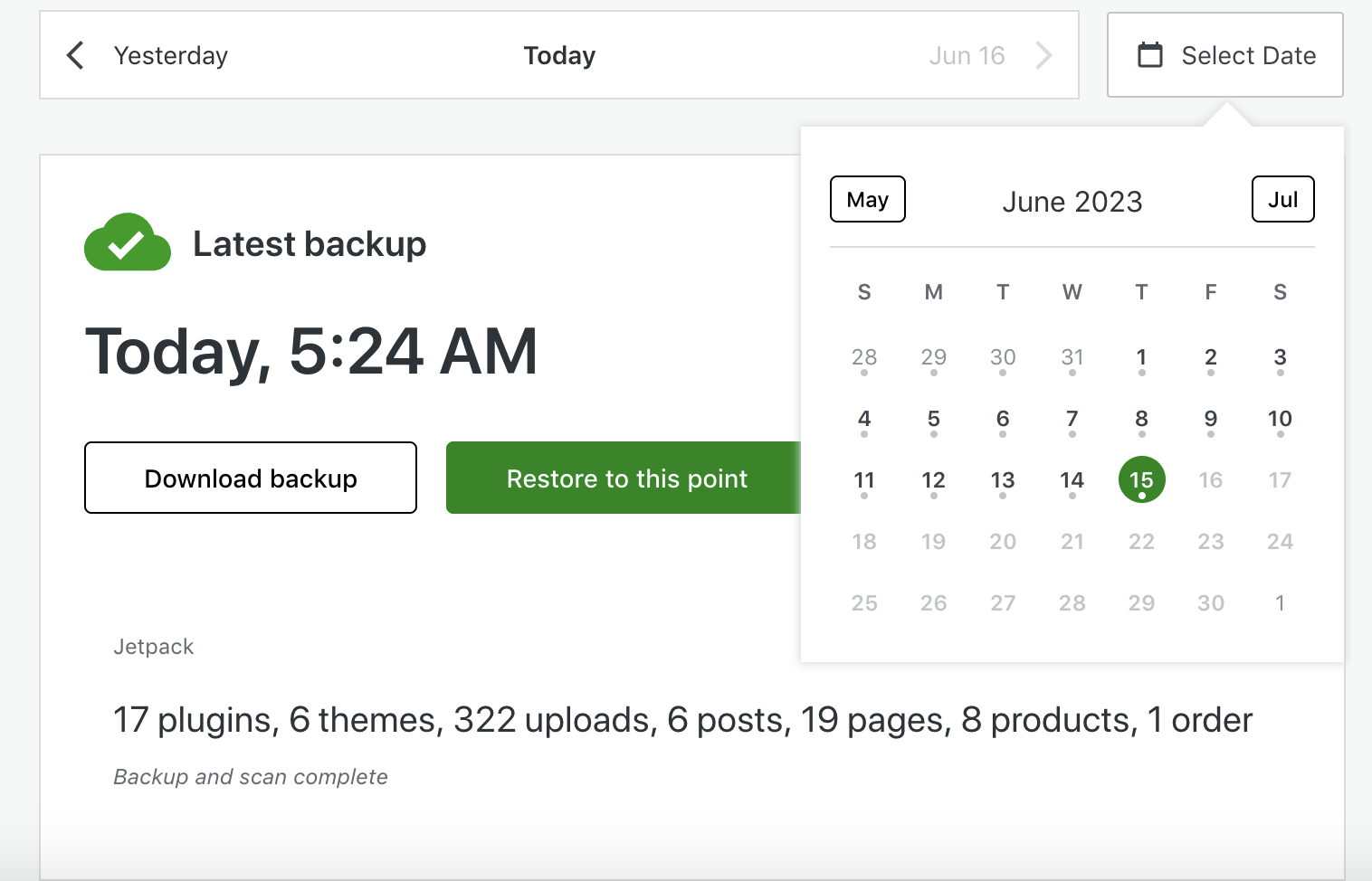 Las copias de seguridad más recientes disponibles con VaultPress Backup