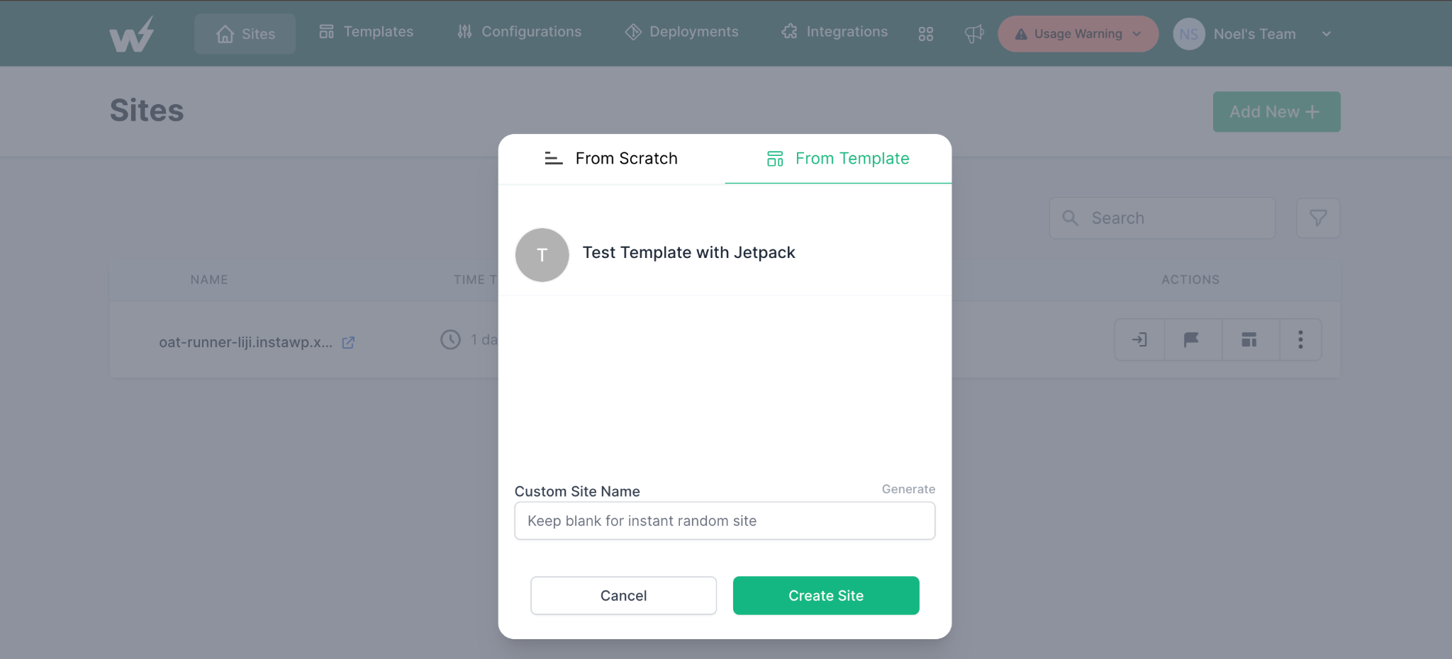 Click Create Site to make your site from a template.