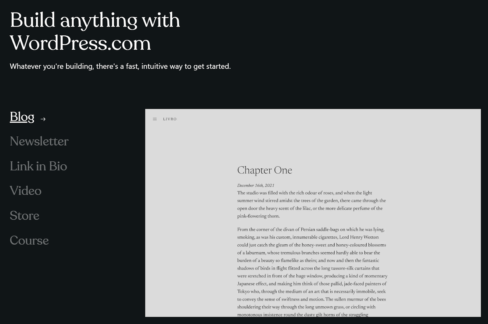 WordPress.com homepage demonstrating the blog builder