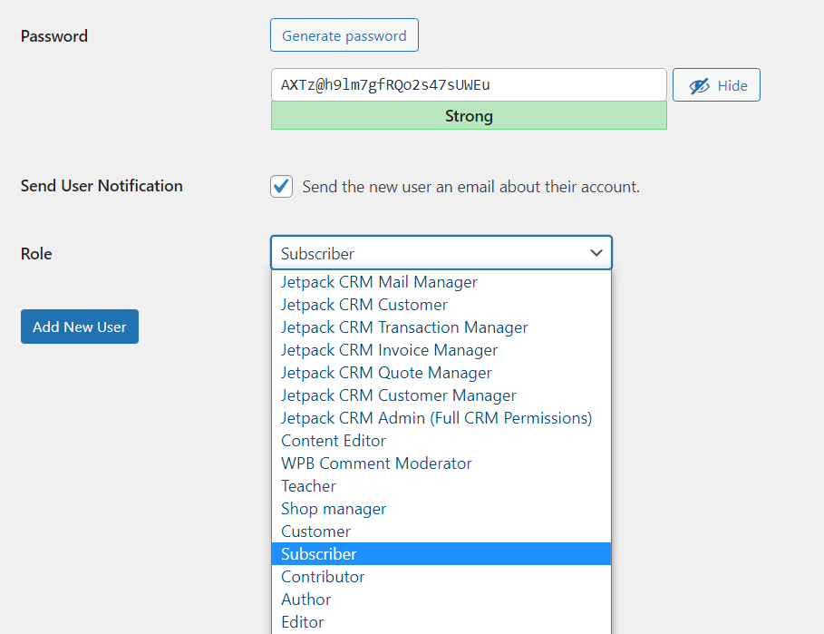 seleccionando un rol de usuario en un menú desplegable de WordPress