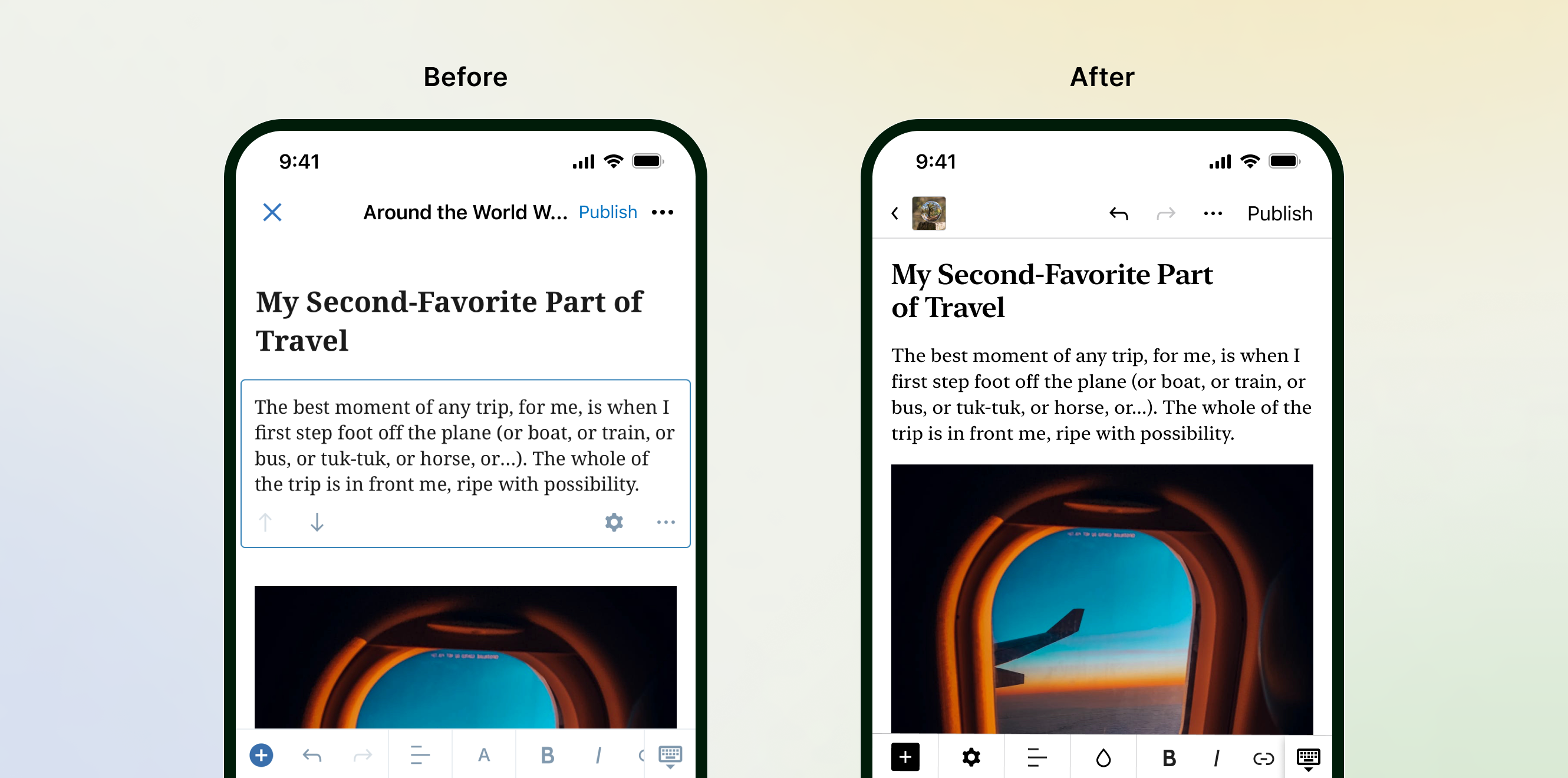 The editor before and after, with blues changing to black, less complex UI, and more consistent spacing.