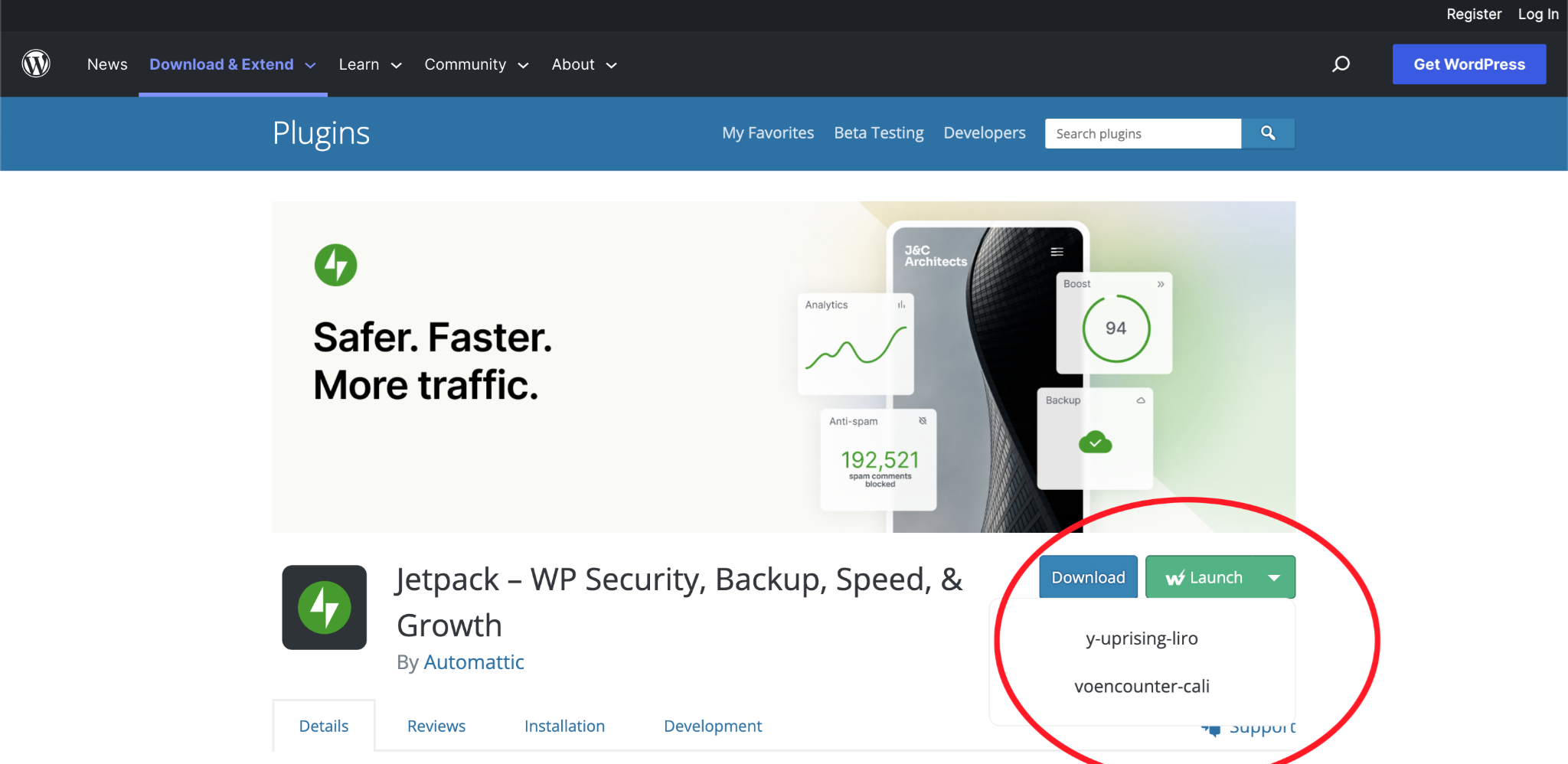 From the dropdown, select the site that you want to install Jetpack on.