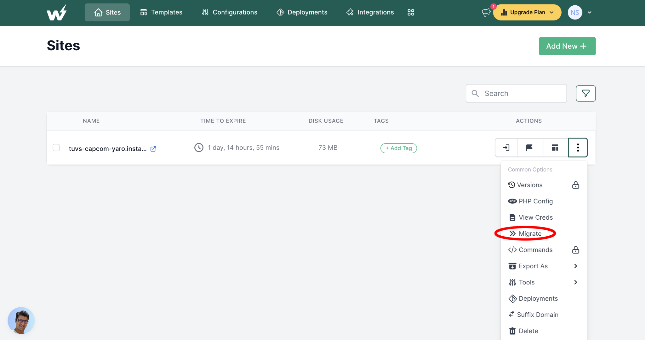 From the dropdown menu, click on Migrate.