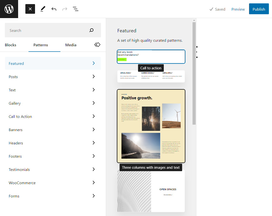 block pattern list in the Editor