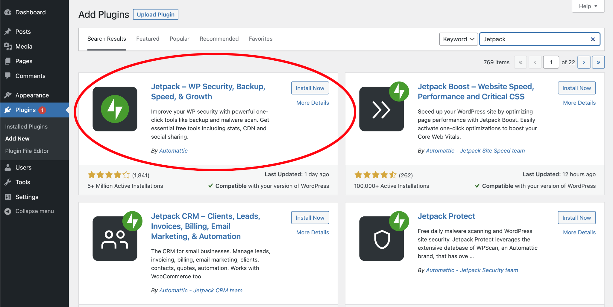 Click Install Now to install the Jetpack plugin.