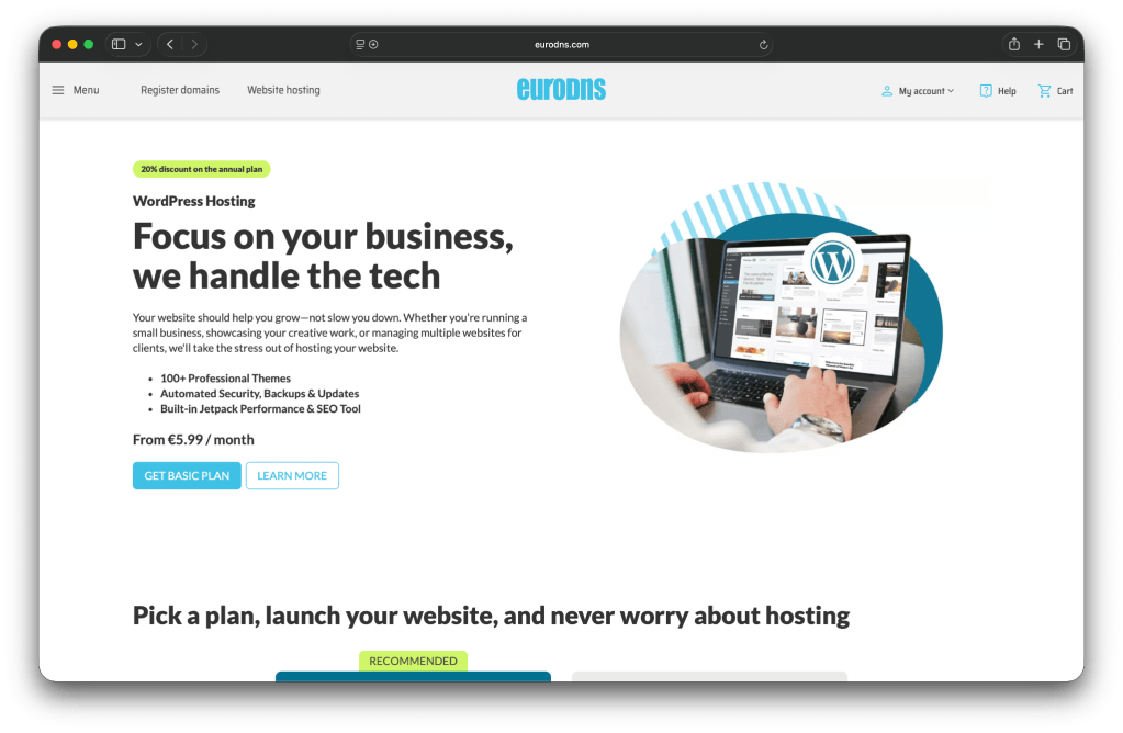 EuroDNS homepage with the text "Focus on your business, we handle the tech"