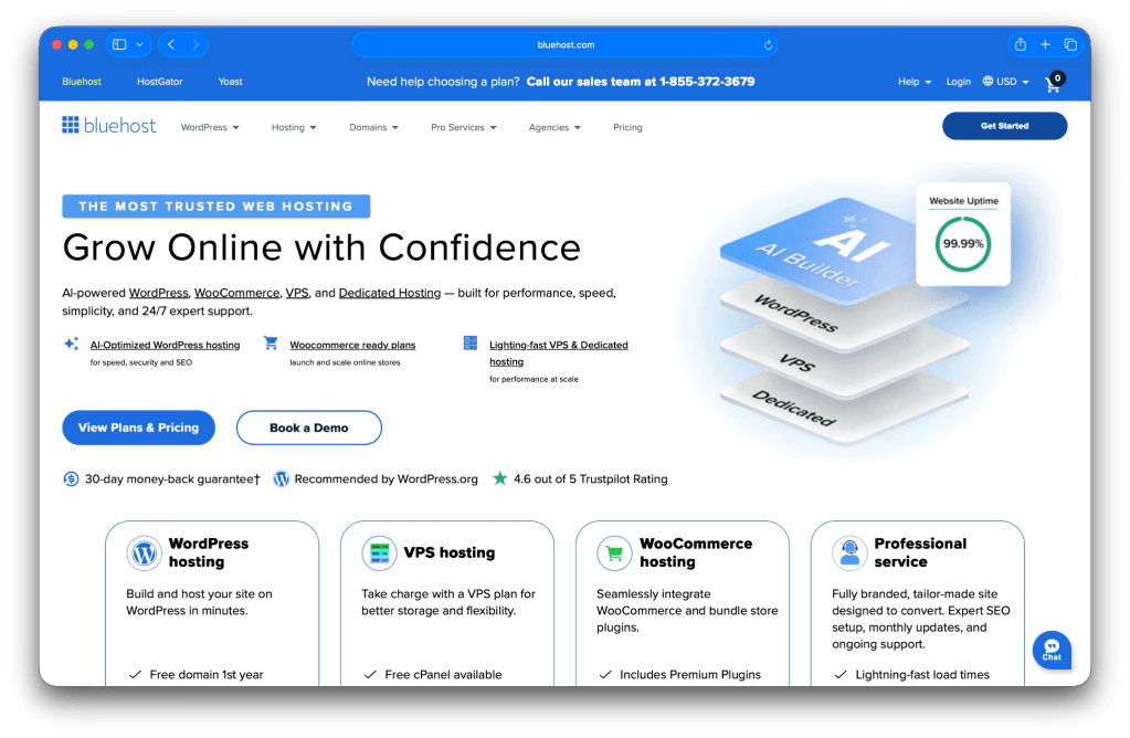 Bluehost homepage with the text "grow online with confidence"