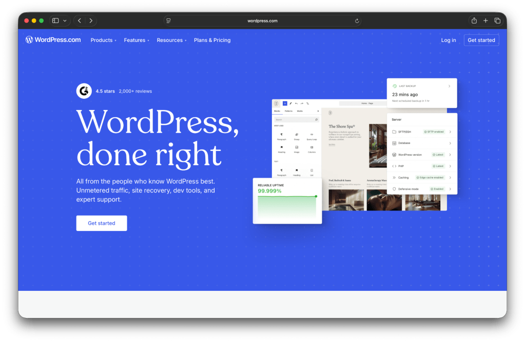 WordPress.com homepage with the text "WordPress, done right"
