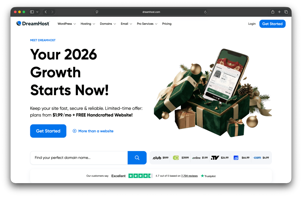 DreamHost homepage with the text "Your 2026 growth starts now!"
