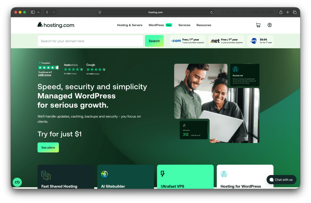 Hosting.com homepage with the text "Speed, security, and simplicity. Managed WordPress for serious growth."
