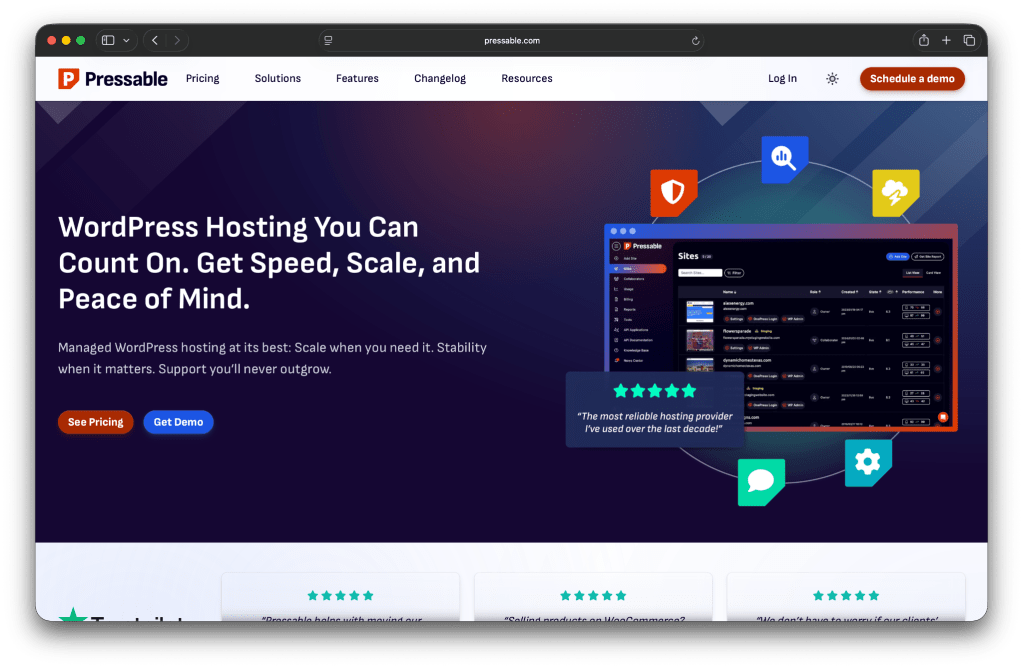 Pressable homepage with the text "WordPress Hosting you Can Count on."