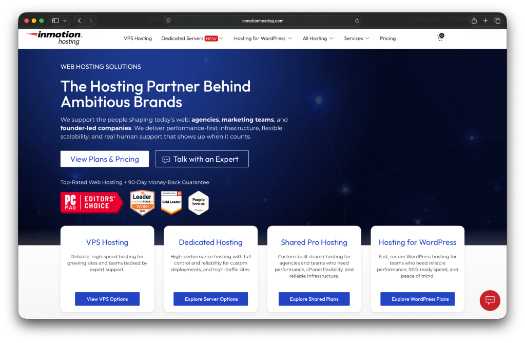 Inmotion Hosting page with the text "The hosting partner behind ambitious brands"
