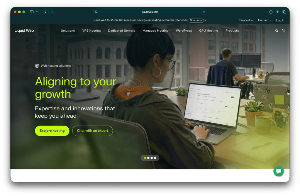 Liquid Web homepage with the text "Aligning to your growth"