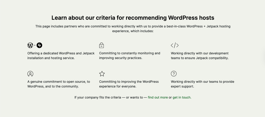 chart with criteria for recommending WordPress hosts