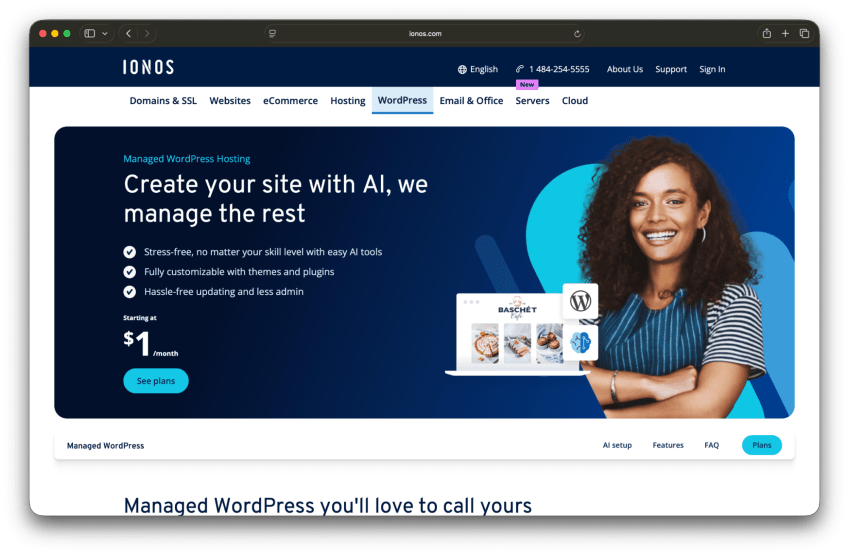 Ionos homepage with plans and FAQs