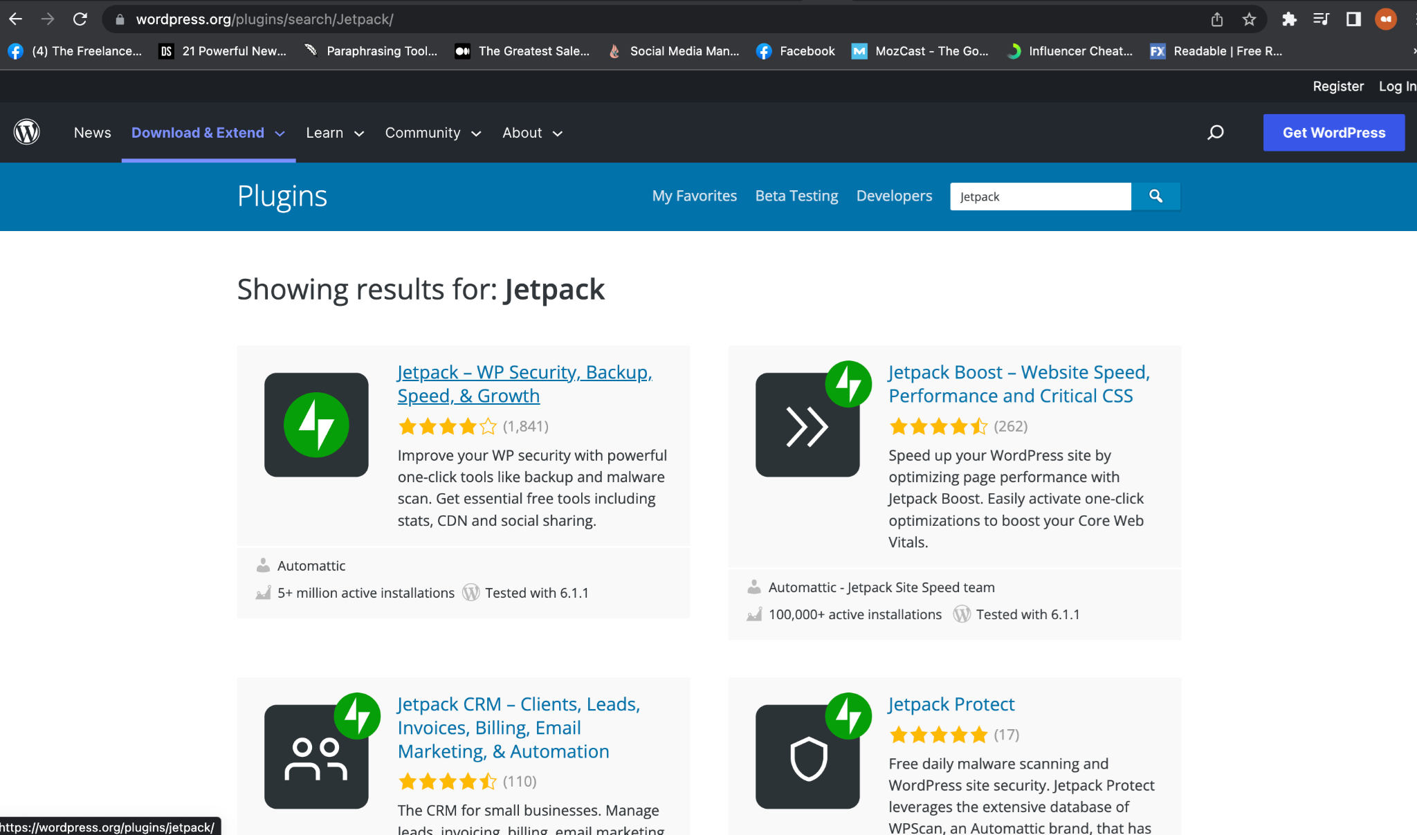 Search for Jetpack in the search bar on the plugin repository.