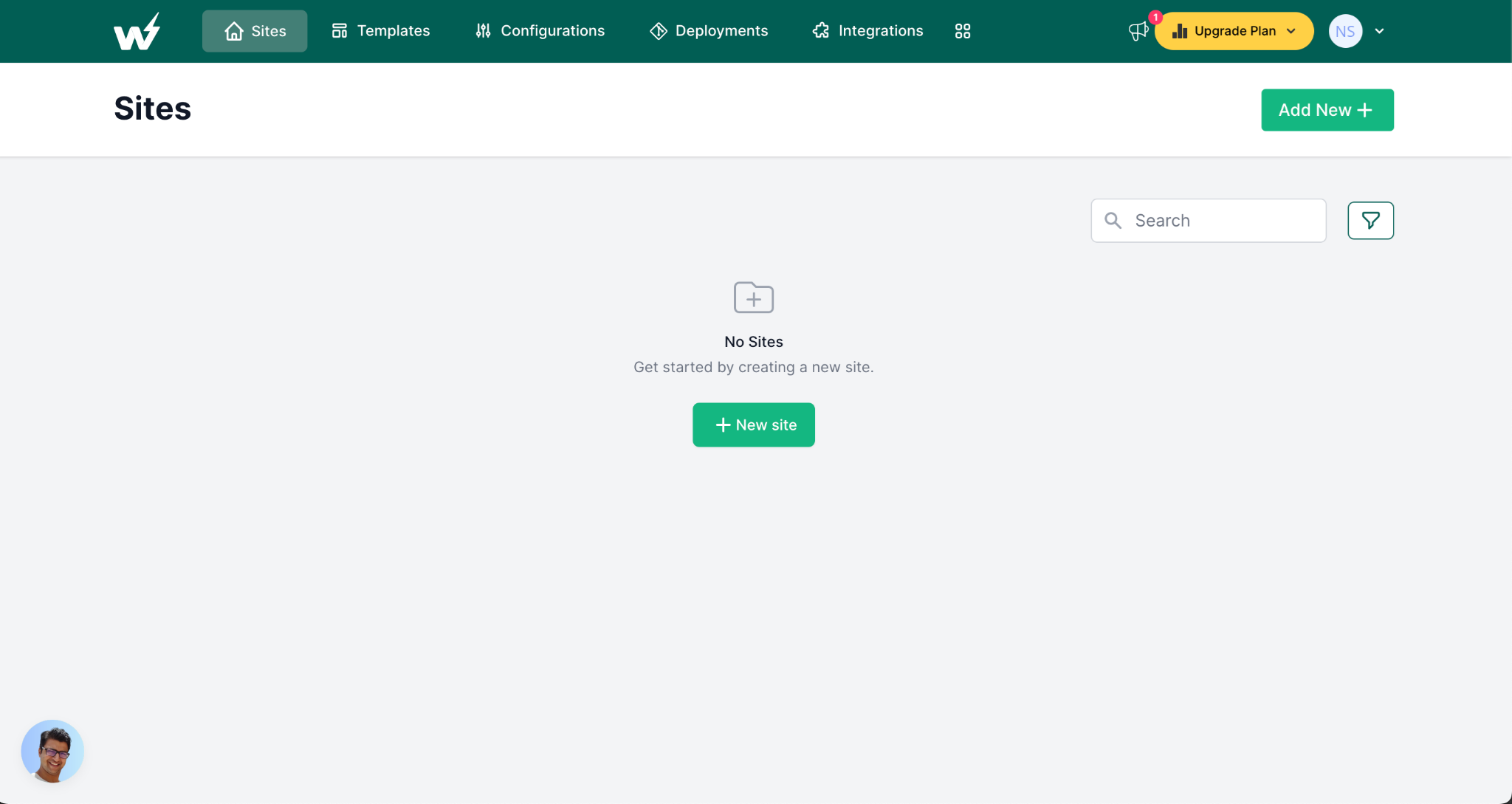 To create a new site from scratch, click New site.