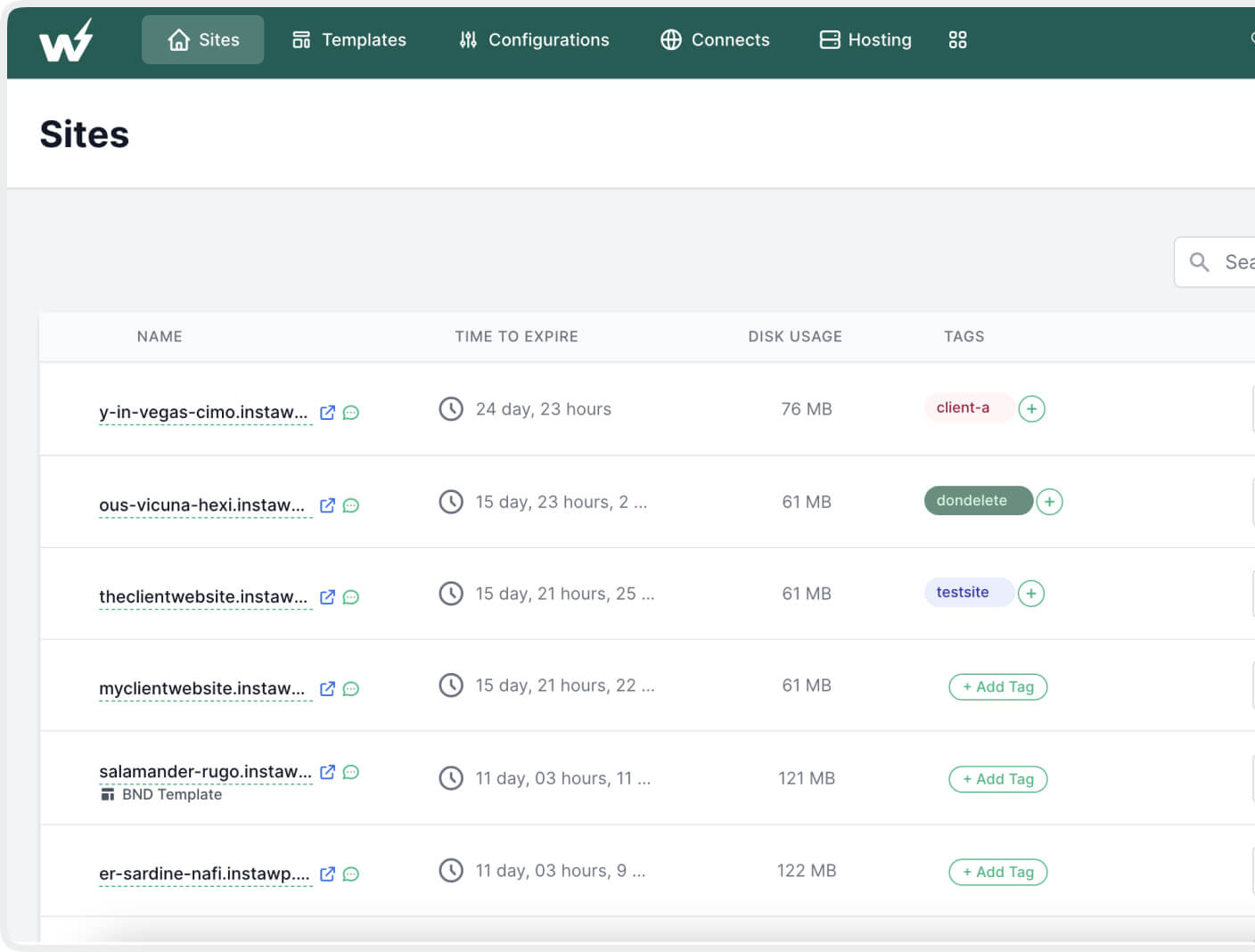 InstaWP dashboard with a listing of sites.