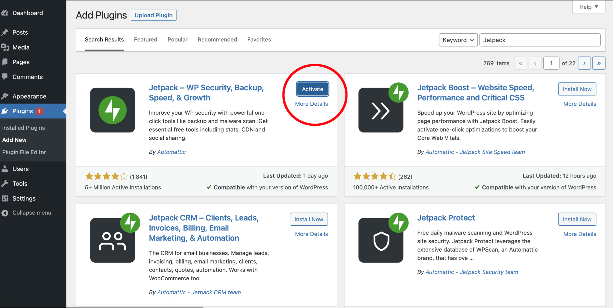 Click Activate to activate the Jetpack plugin.