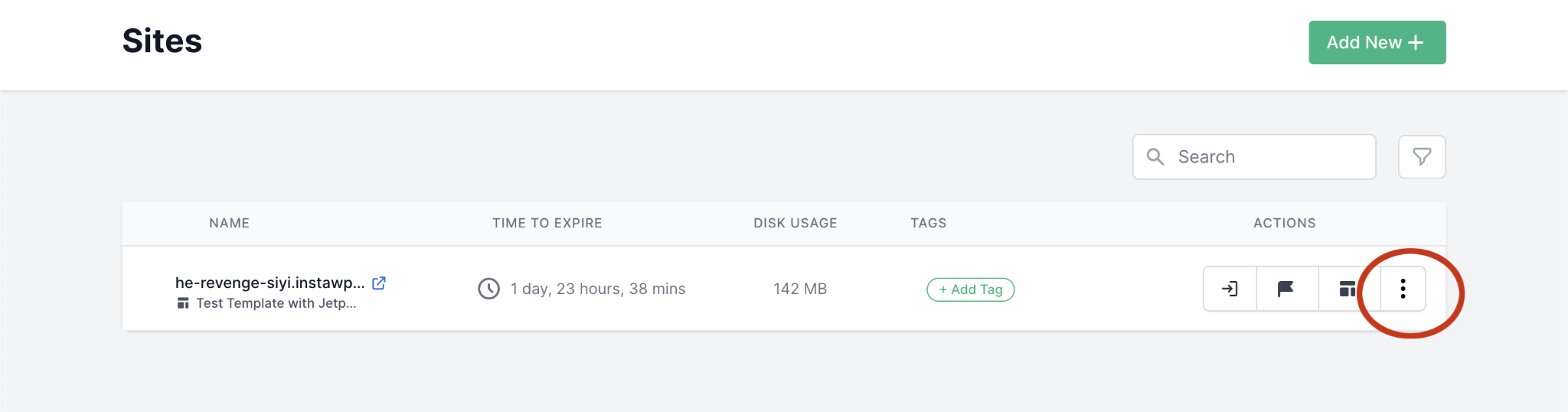 Click on the actions menu for the site that you want to turn on SFTP/SSH for.