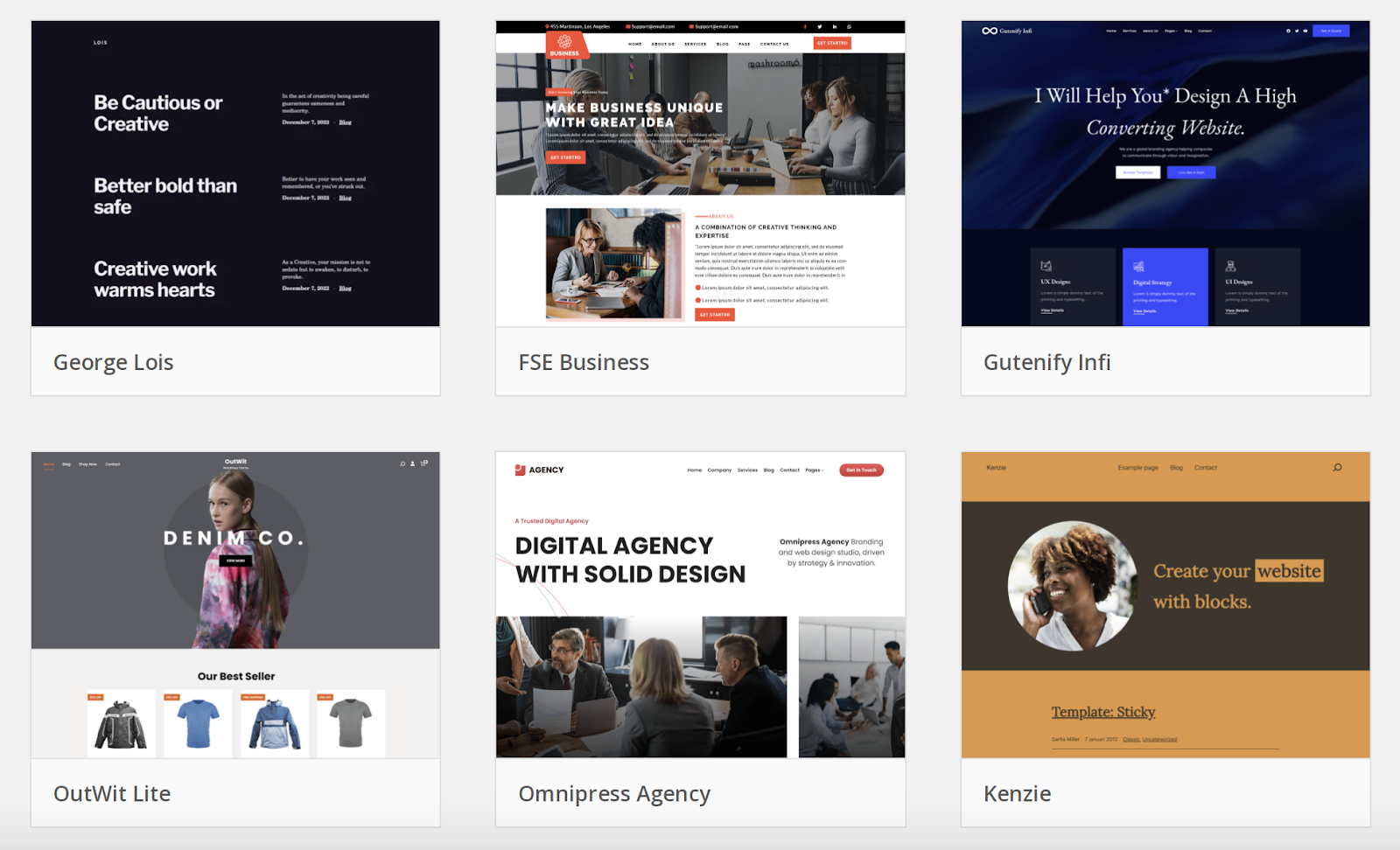 WordPress theme repository within the WP Dashboard.