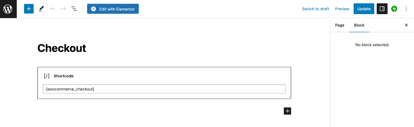Delete the checkout shortcode [woocommerce_checkout] in the page editor.