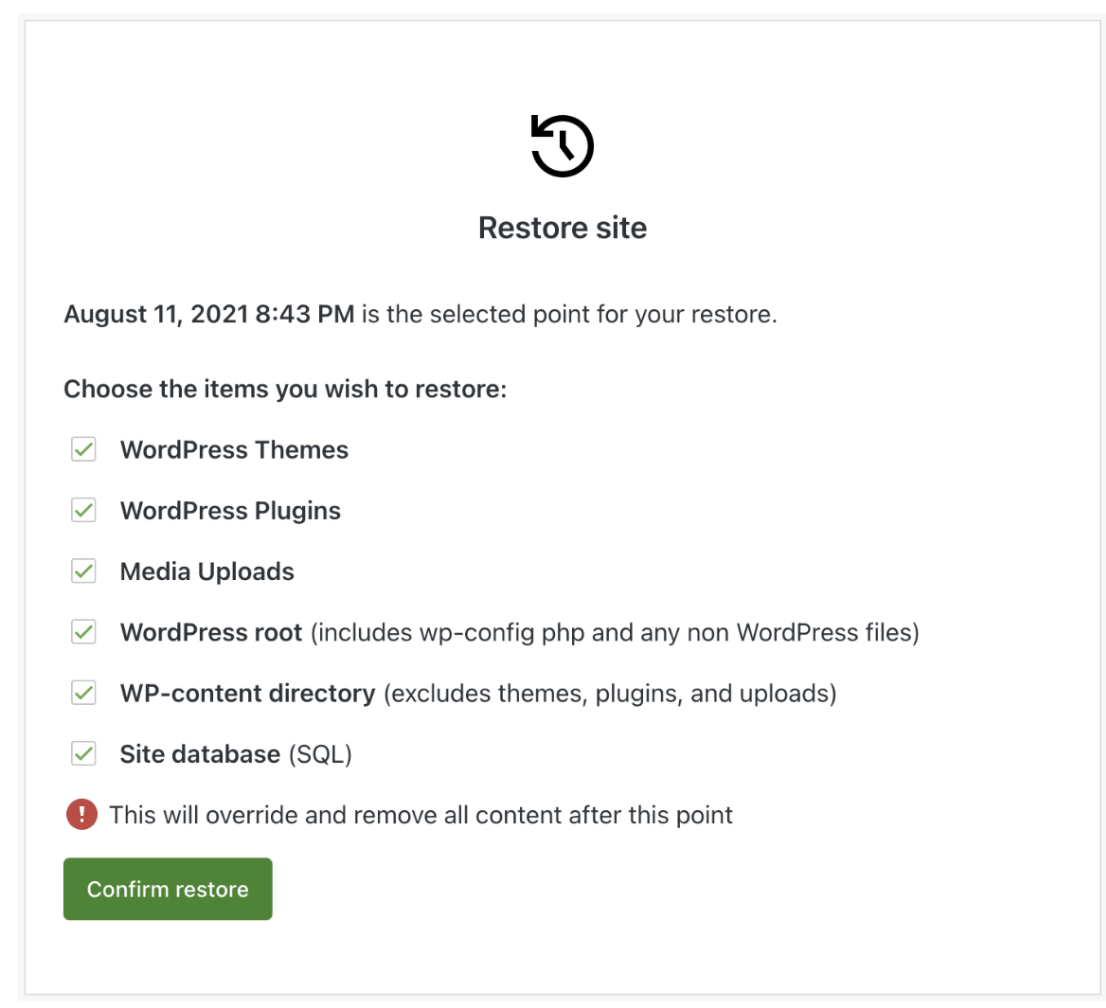 A continuación, VaultPress Backup te guía por el proceso de restauración y te permite elegir qué restaurar y cómo hacerlo.