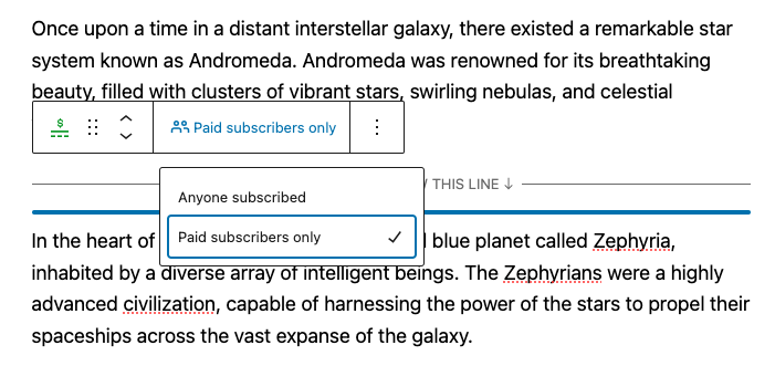 Paywall block toolbar which appears when you select the block