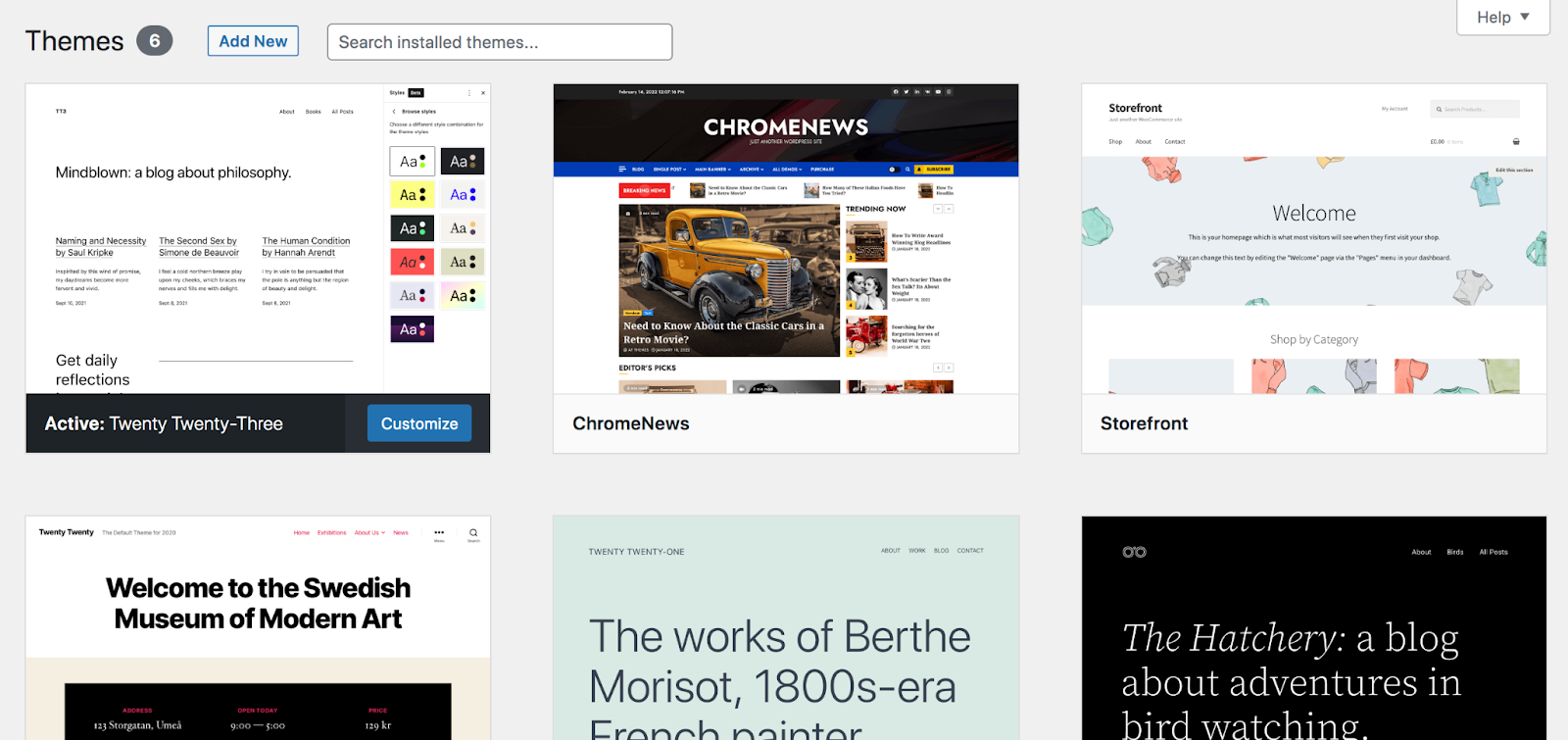 WordPress theme repository within the WP dashboard.