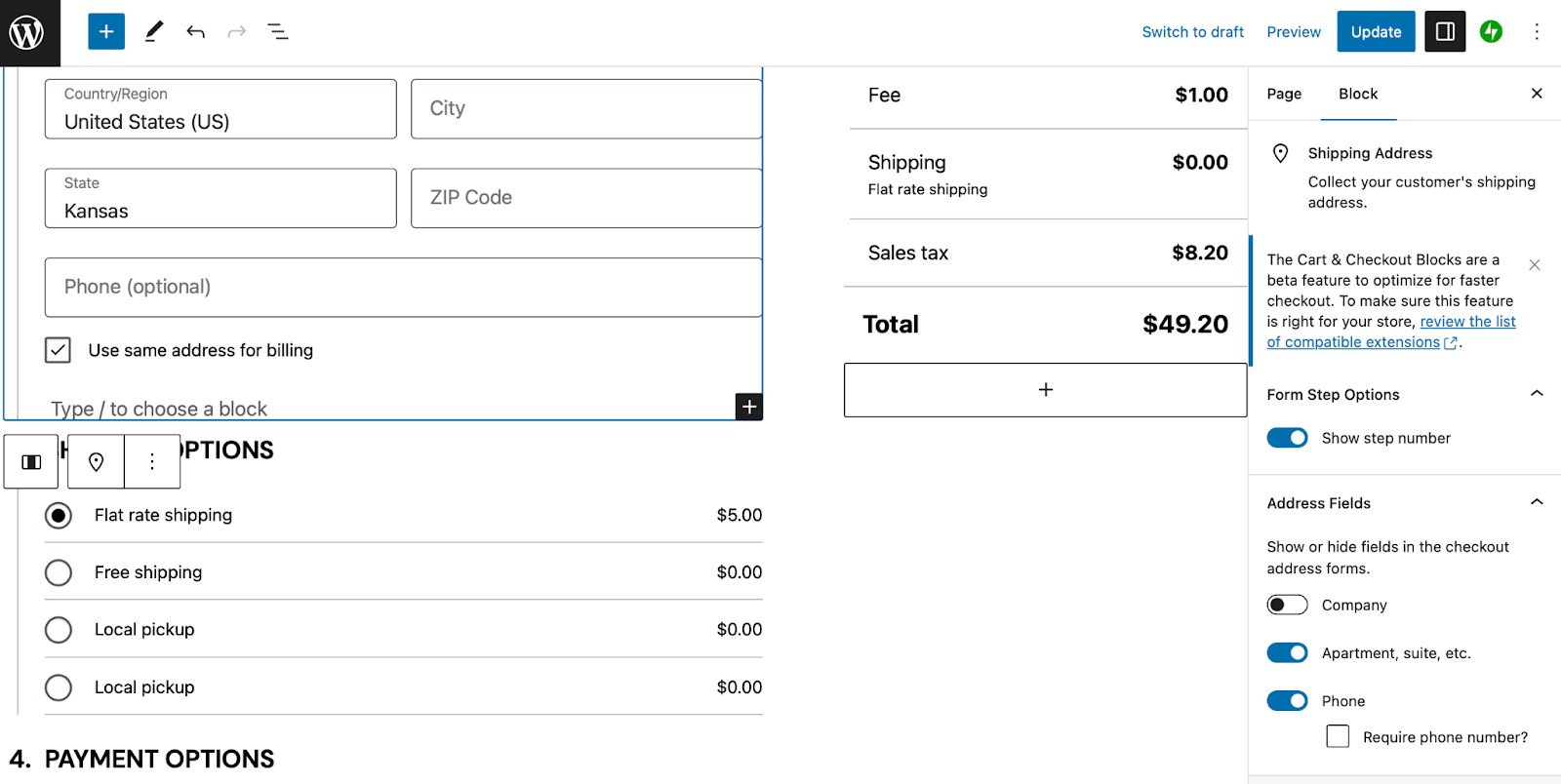 You can show/hide the checkout step numbers, show/hide certain fields, and make the Phone field a required field using the block settings.