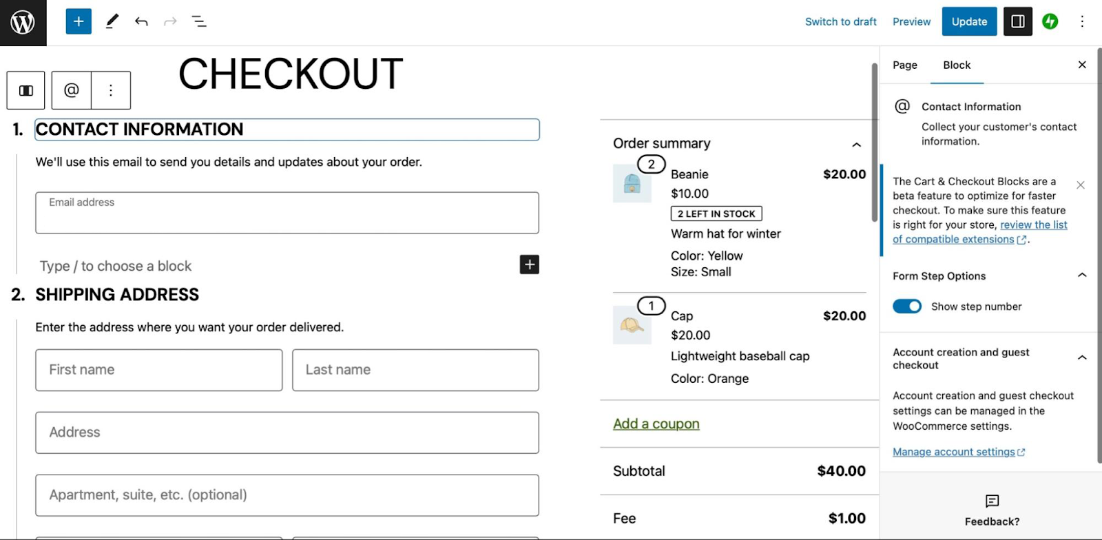 Search for the Checkout Block and add it to your page.