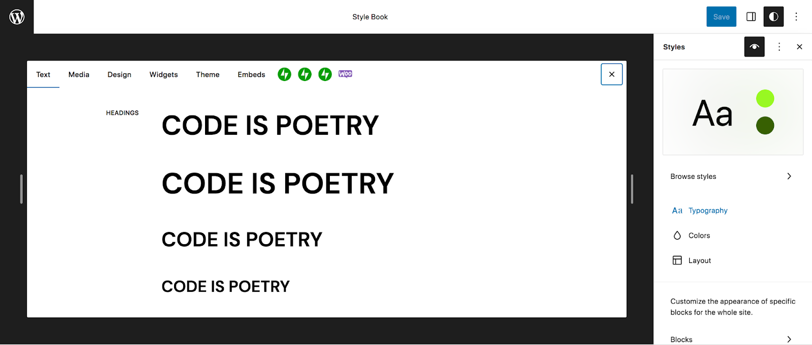 Access the Style Book by clicking on the eye icon in the top right. This allows you to preview all the design changes you make.