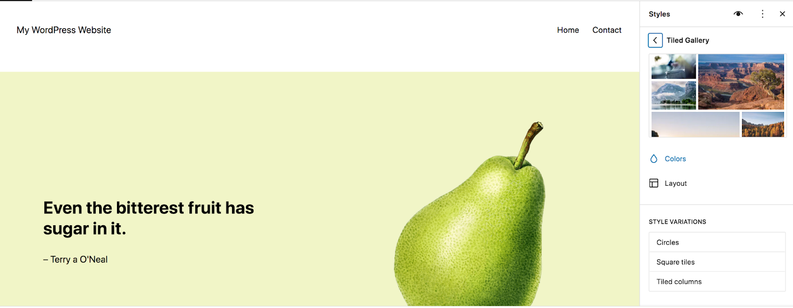 Let’s use the Tiled Gallery block as an example. When you click on this in the list of blocks, you’ll see settings for colors, layouts, and style variations.