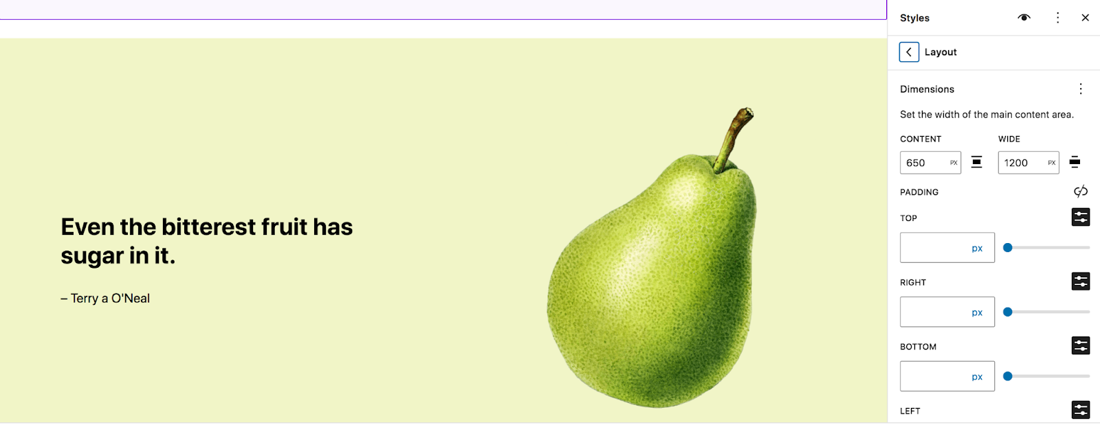 In the Layout section, set options like content area width and padding.