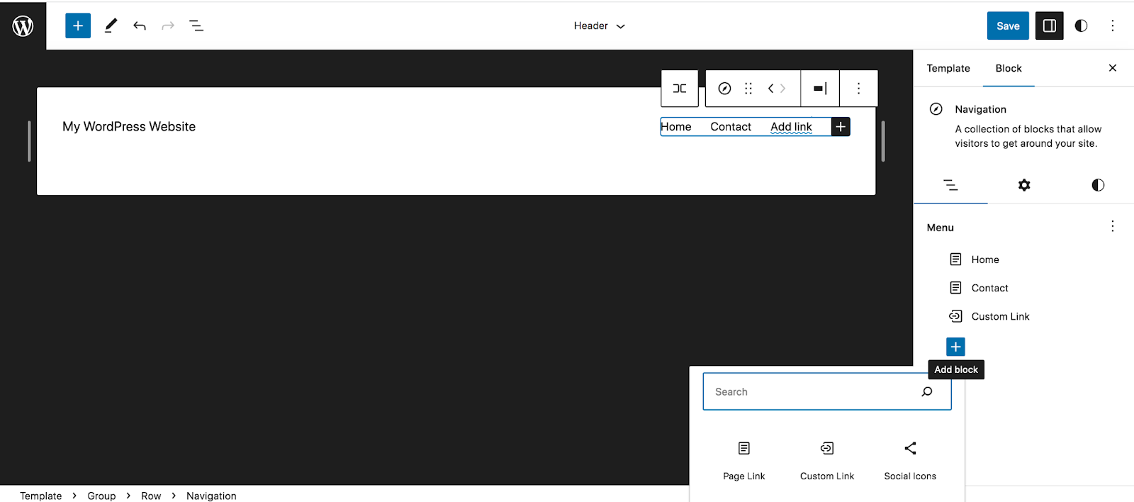 Click on the Navigation Block, options will appear in a menu on top of the block, and in the Settings panel on the right side of the page.