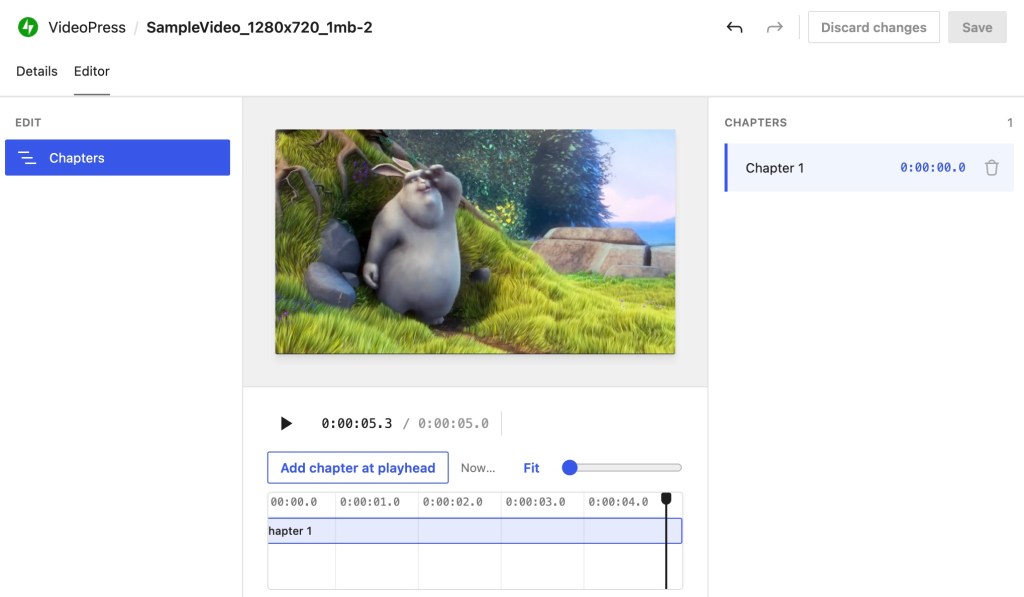 The chapters editor in Jetpack, showing a video in the center, the video timeline underneath with an "Add chapters at playhead" button, and the chapters are shown on the right side of the video player.