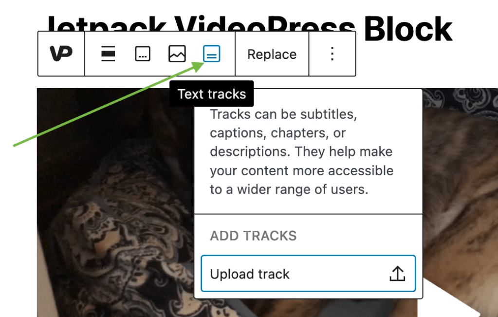 Screenshot which highlights the Text Tracks icon on the VideoPress block toolbar.
The Text Tracks icon is a square with two parallel lines inside, to represent text.