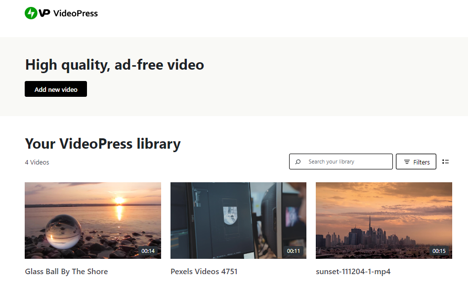 Jetpack VideoPress lets you host your videos on world-class WordPress.com servers, rather than your own.