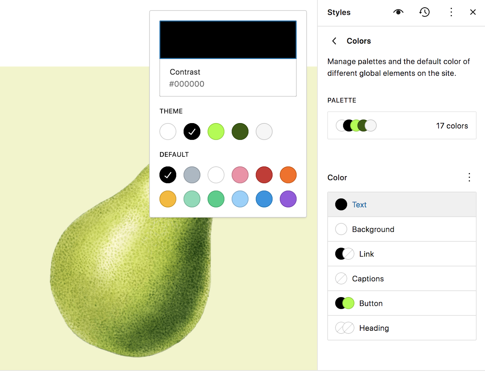You can also set the default colors for elements like text, background, links, and more.