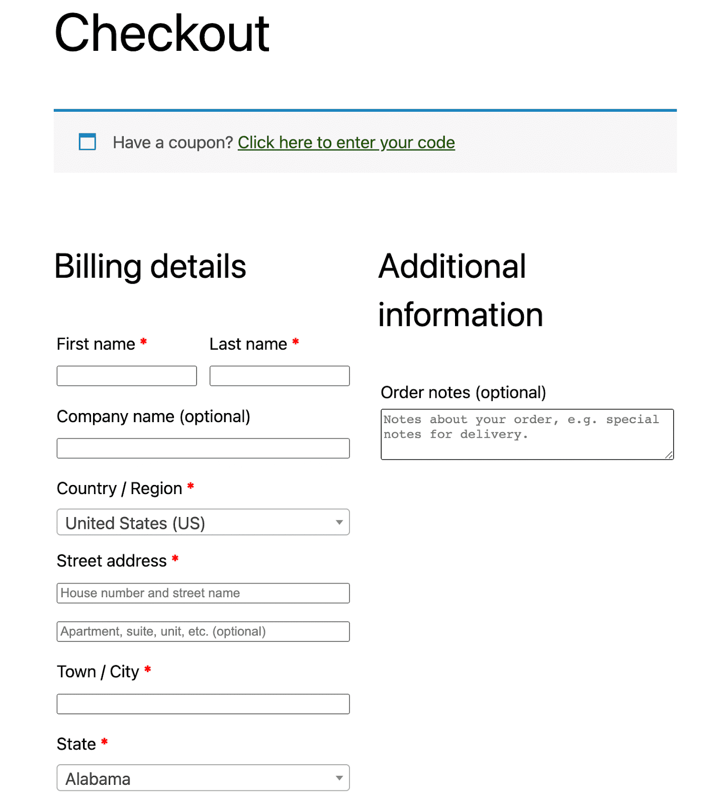 La página de pago predeterminada es donde los clientes introducen los datos de facturación y cualquier información de contacto necesaria. 