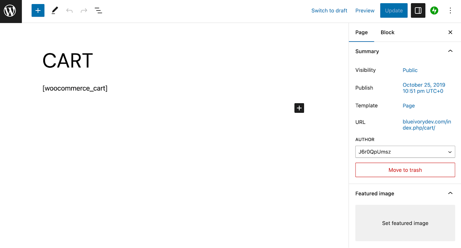 Después de instalar la herramienta, ve a la página predeterminada del carrito de WooCommerce y ábrela en el editor de bloques.