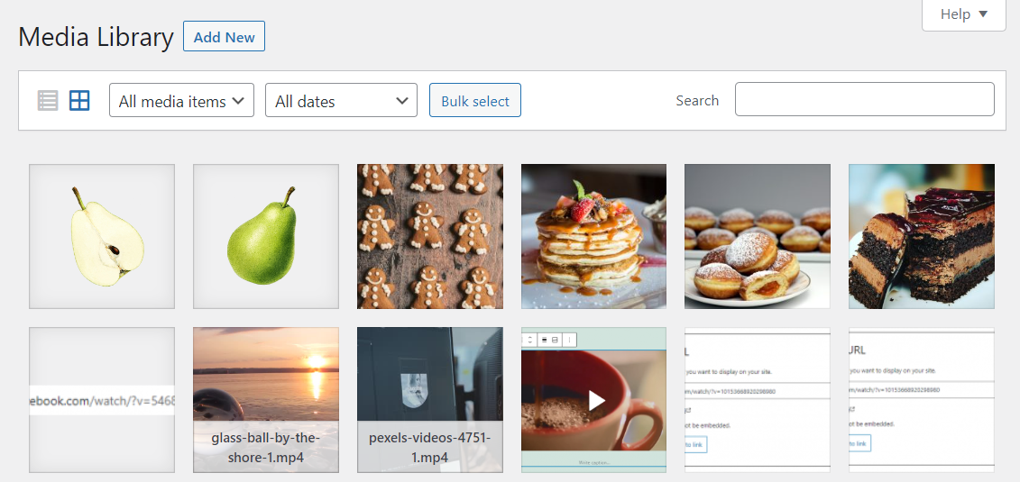 In your WordPress dashboard, navigate to Media → Library. Then, click on Bulk select and start selecting the photos you want to delete.
