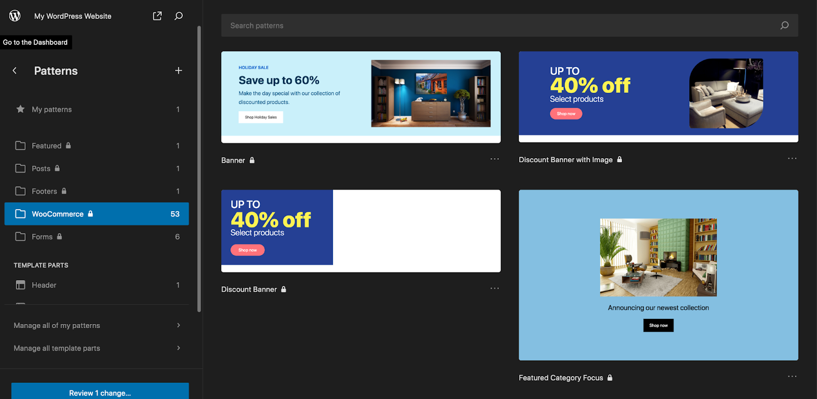 Back in the Site Editor, open the Patterns section. Here, you'll see a list of your patterns, which are essentially block-based layouts for segments of your pages.