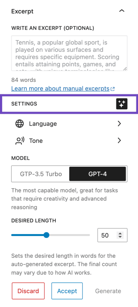 Excerpt section with the Sparkles icon active and settings expanded. Settings include Language, Tone and Model. Desired length allows to adjust word count with a slider.