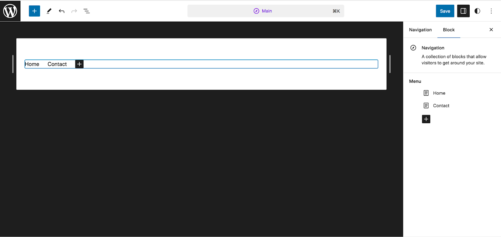 If you click the pencil icon near the menu name, it will take you to a new page, where you can add and remove items from the menu using the Navigation block.